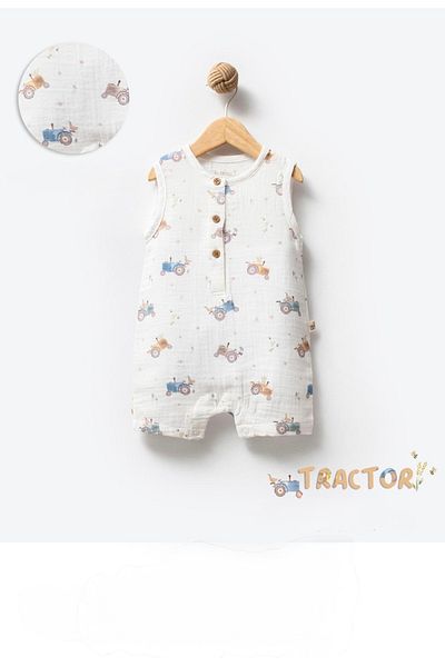 by bubbles Tractor Patterned Baby Boy Muslin Jumpsuit