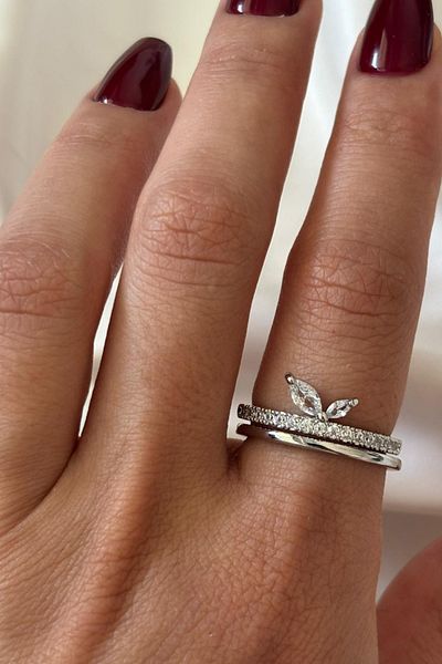 Leo'Stone Imported Series Exquisite Zircon Stone Double Leaf Design Adjustable Women's Steel Ring