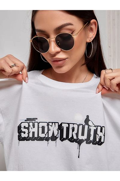 Pink Sky Tricou casual unisex din bumbac alb oversize „Show Truth” imprimat cu decolteu lejer