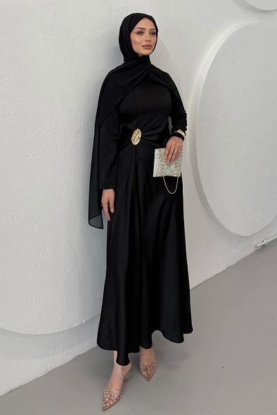 Omarı Gold Bronch Detailed Satin Dress Black