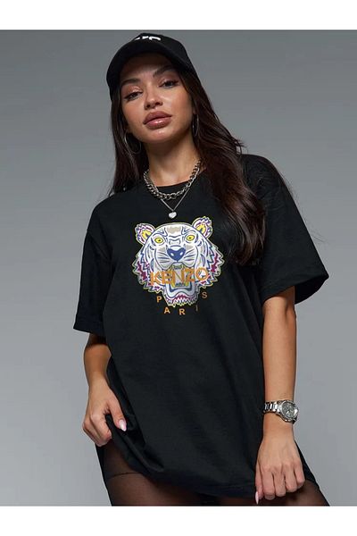 Pink Sky Unisex βαμβακερό λευκό υπερμεγέθη μπλουζάκι "Kenzo Tiger" με στάμπα με λαιμόκοψη άνετο καθημερινό μπλουζάκι