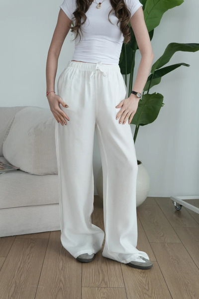 ModaLavida MD Beli Lastikli Cepli İthal Kumaş Rahat Bol Paça Dokuma Kadın Mua...