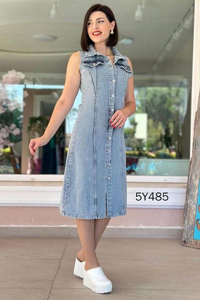 İnce Topuk Polo Neck Front Button Denim Dress 5Y485