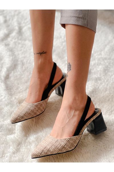 BERFONA Berir Beige Tweed Black Leather 5 cm Heel Sandals