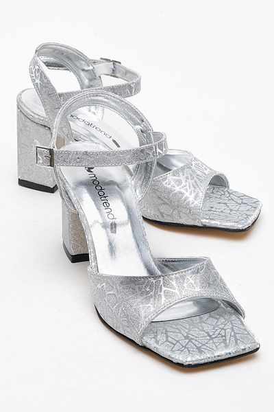CCWAY AYAKKABI Women's Strappy Heeled Sandals Shoes Silver