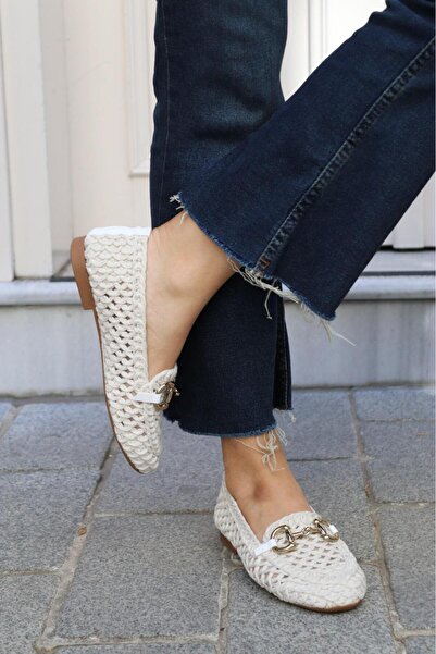 BeBeQ Store Azura Біла ручна в'язка з візерунком, деталізована, рівна підошва, жіночі балетки