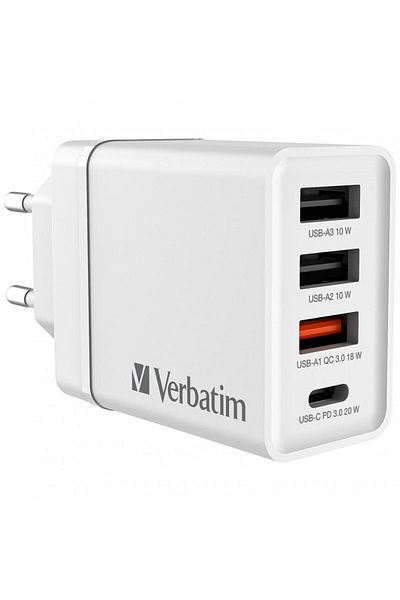 Inna marka Verbatim Ładowarka Sieciowa USB 30W, Biała 1x USB-C® PD 20W / 1x USB-A QC 3.0 / 2x USB-A 10W, 49701