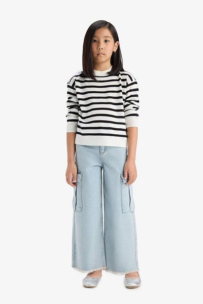 DeFacto Girls' Standard Fit Crew Neck Striped Sweater Sweater C6903A825Au