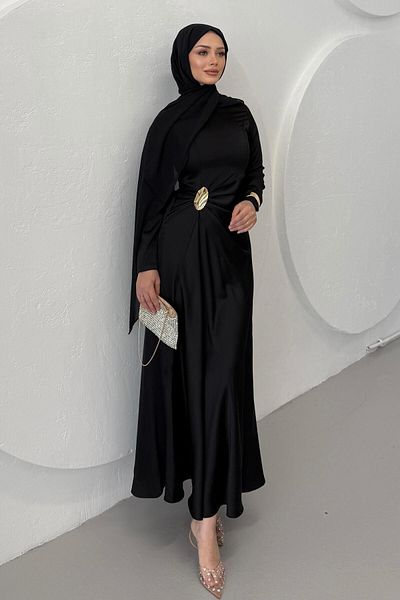 Omarı Gold Bronch Detailed Satin Dress Black