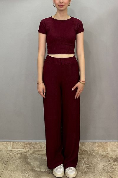 Tam Moda Women's Bubble Fabric Burgundy Pants-Crew Neck Body Set
