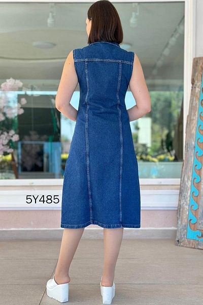 İnce Topuk Polo Neck Front Button Denim Dress 5Y485