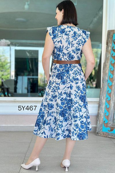 İnce Topuk Patterned Linen Dress with Padded Shoulders 5Y467