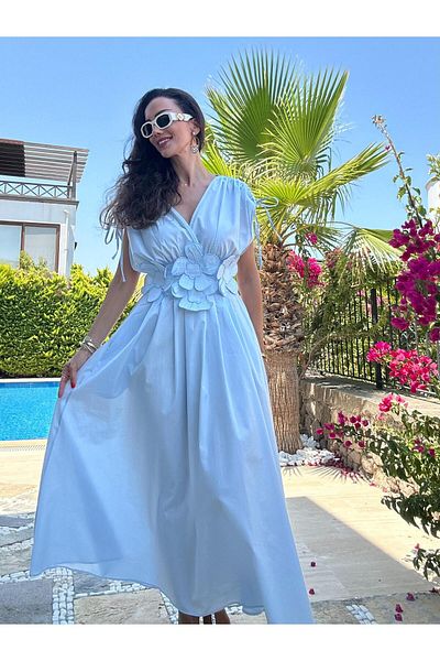 Atelier Derin Rochie de design cu ornamente florale albastru bebeluș