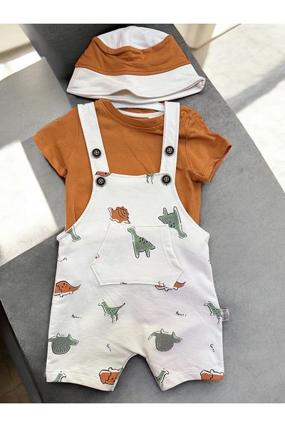BEBENDY Baby Boy Dinosaur Detailed Hat Salopet Set 3 Pieces