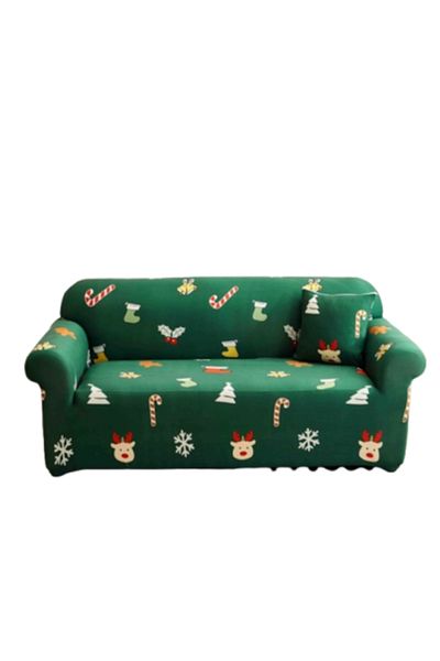 JOJO HOME Husă elastică pentru canapea, Jojo Home, imprimeu festiv de Crăciun, reni, dimensiune L-180X230cm, verde-multicolor