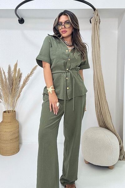 Sohotique By P Linen Texture Cotton Fabric Drawstring Suit Khaki