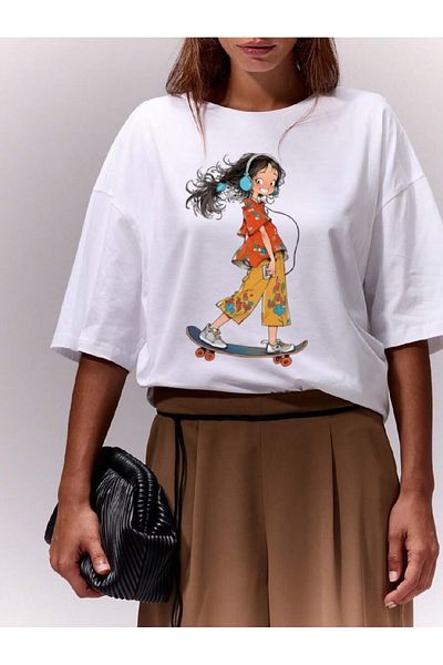 Pink Sky Unisex Black Oversize T-Shirt "Smiling Girl" Printed Comfortable Casual T-Shirt