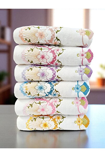 asev tekstil 50X90 cm Embroidered Velvet 6-Piece Hand Towel |   Face Towel Set