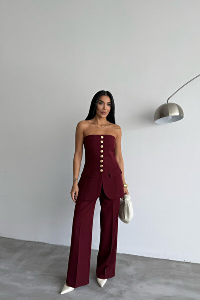 By Sevilen Collection VESTĂ FĂRĂ BRETELE DESIGN GOLD BUTTON - Roșu Claret