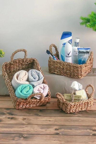 Halımax Natural Hand Knitted Wicker Basket 3-Piece Rectangular Organizer with Handles Multi-Purpose Triple Bathroom Kitchen Basket