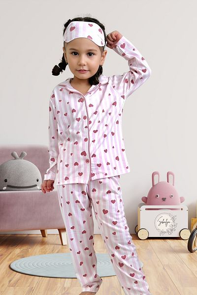Zekalya Heart Pattern Pink Striped Shirt Collar Girls Pajamas Set