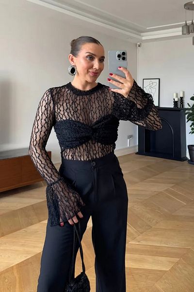 Tuba Butik Long Sleeve See-Through Lace Blouse