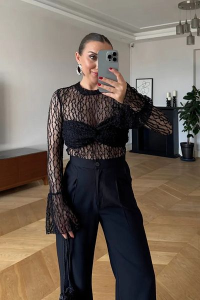 Tuba Butik Long Sleeve See-Through Lace Blouse