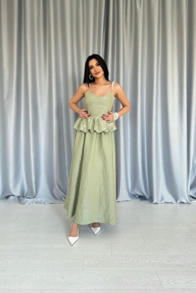 Faylora Μακρύ φόρεμα Edolika με πράσινο κορδόνι στη μέση και λουράκια από πέρλες