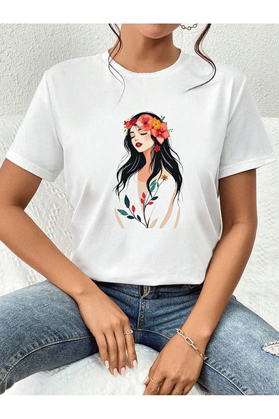 Pink Sky Cotton White Oversize T-Shirt Floral Elegans Printed Comfortable Casual T-Shirt