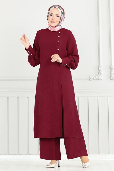 ModaMerve Accesorii Set Hijab cu nasturi 2664SL890-M Roșu Claret