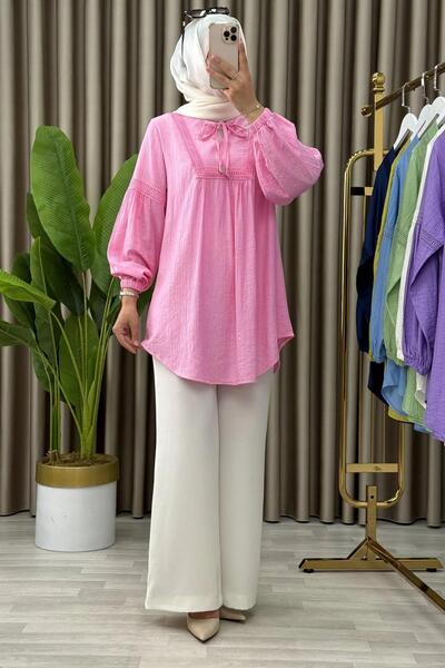 Mercan ŞURA GÖMLEK Pembe Bağcıklı Tesettür Giyim Gömlek Çilek Kumaş Günlük Rahat Kesim