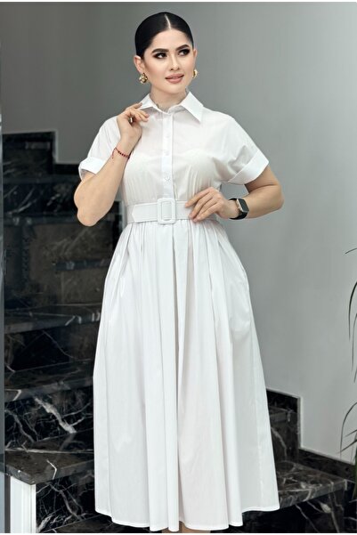 star form Beyaz Beli Lastikli Kemerli Poplin Elbise
