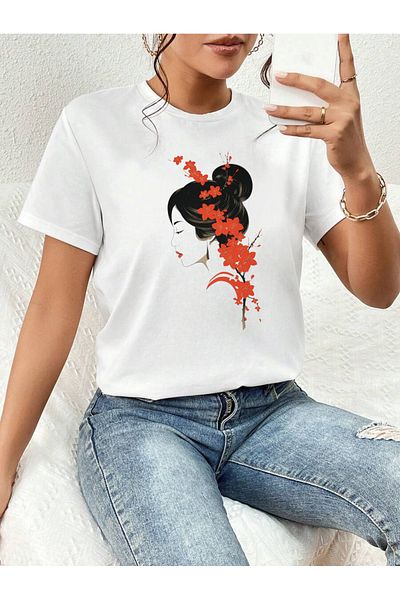 Pink Sky Cotton White Oversize T-Shirt Japanese Style Sakura Printed Comfortable Casual T-Shirt