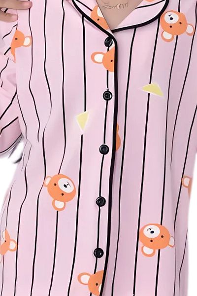 Zekalya Cute Animal Figured Striped Pink Color Shirt Collar Buttoned Pajama Set
