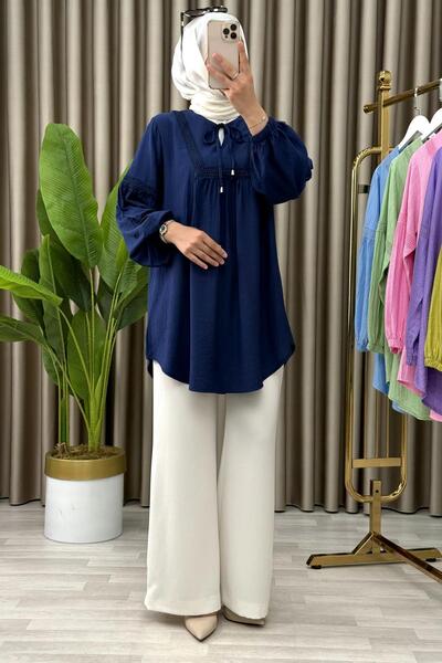 Mercan ŞURA GÖMLEK Lacivert Bağcıklı Tesettür Giyim Gömlek Çilek Kumaş Günlük Rahat Kesim