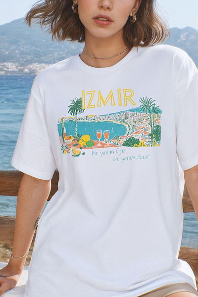 Kendim Seçtim Izmir T-Shirt Aegean Spirit Lemon Olive City Printed White T-Shirt