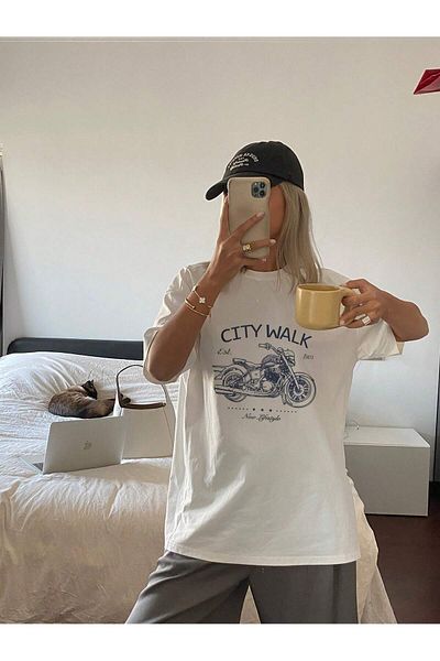 Pink Sky Unisex Cotton White Oversize "City Walk" Printed Crew Neck Comfortable Casual T-Shirt