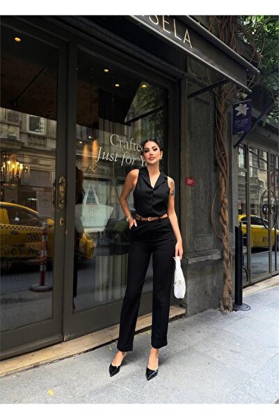 Genel Markalar Kendim Fashion KETEN DUBLE PAÇA DERİ TABA KEMERLİ PANTOLON - S...