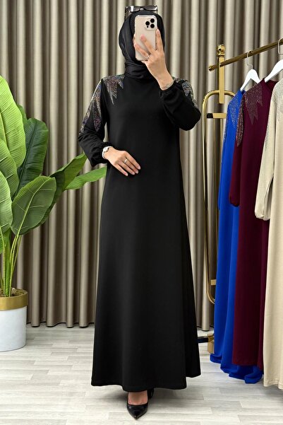 Mercan Omzu Taş Detaylı, Kristal Kumaş, Şık Elbise, Siyah EFRUZ ELBİSE