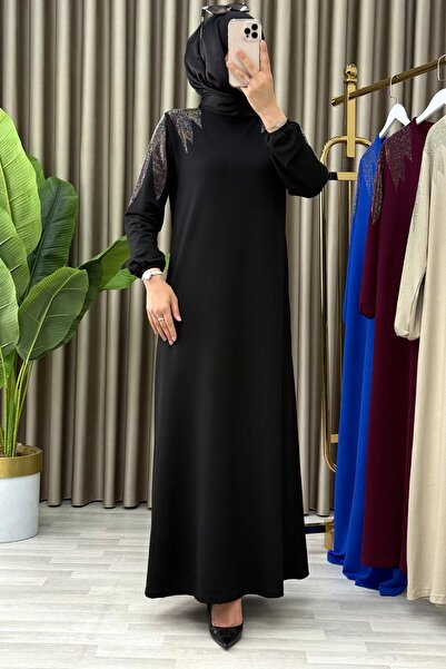 Mercan Omzu Taş Detaylı, Kristal Kumaş, Şık Elbise, Siyah EFRUZ ELBİSE