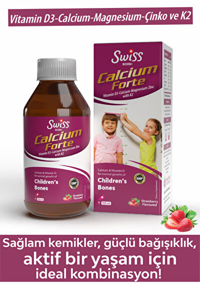 Bork Swiss Natural Kalsiyum Çinko D3K2 Magnezyum Demir İçeren Kemik Geişimi İçin Çocuk Şurubu 150 Ml.
