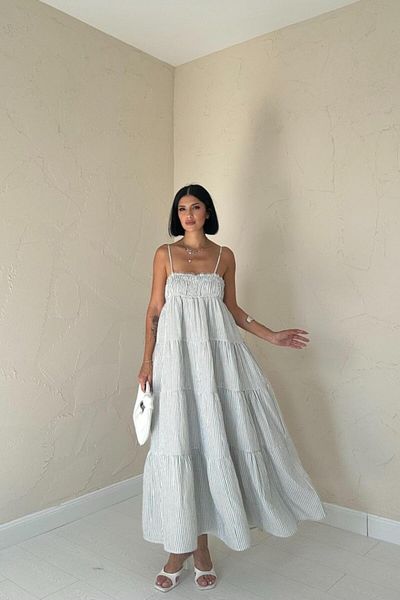 Inciqueen Rochie de muselina cu dungi cu bretele albastre