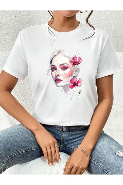 Pink Sky Cotton White Oversize T-Shirt Pink Stylish Women's Printed Casual Daily T-Shirt