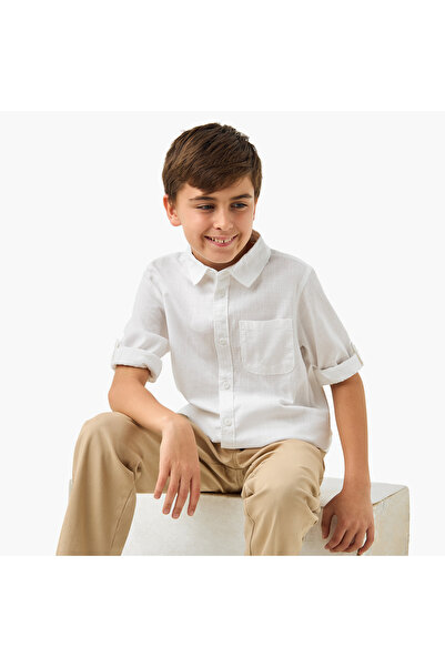 Juniors Solid Shirt with Long Sleeves and Chest Pocket