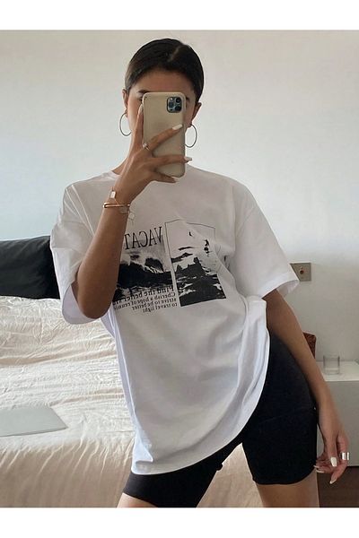 Pink Sky Unisex Cotton White Oversize "Vacation" Printed Crew Neck Comfortable Casual T-Shirt