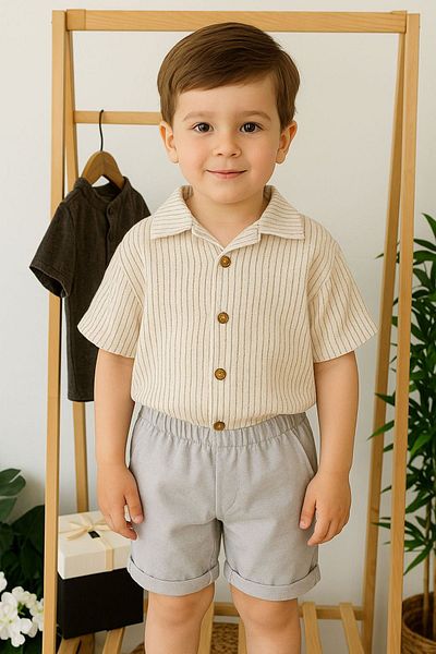 Minigimin Cicileri My Little Boy's 2-Piece Comfortable Suit with Striped Shirt - Gray
