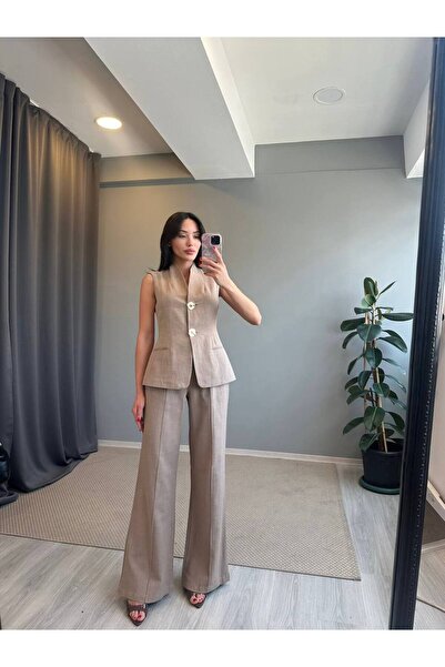 Hotfashion بدلة بنطلون من الكتان بأكمام صفرية وأزرار ذهبية