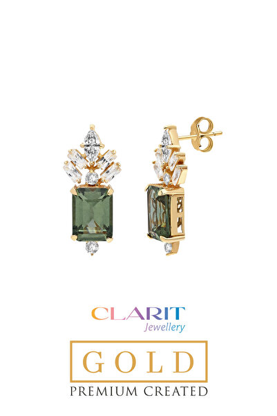 So CHIC... Created Tourmaline Taşlı Zümrüt Kesim 14 Ayar Sarı Altın Küpe