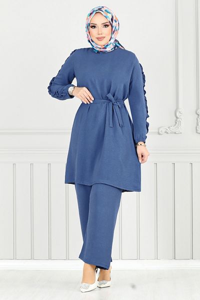 ModaMerve Costum Aerobin cu mâneci cu volane 6015UZ1029-M Indigo închis