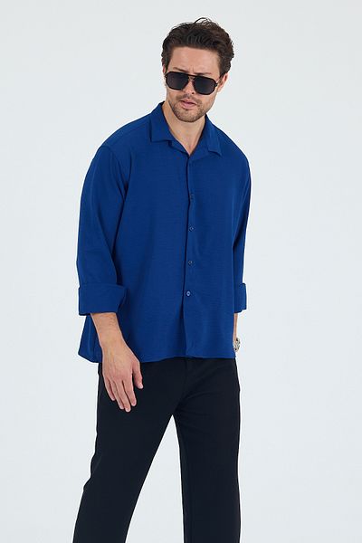 Trn JNS Мъжка риза Parliament Blue Summer Linen Textured Oversize